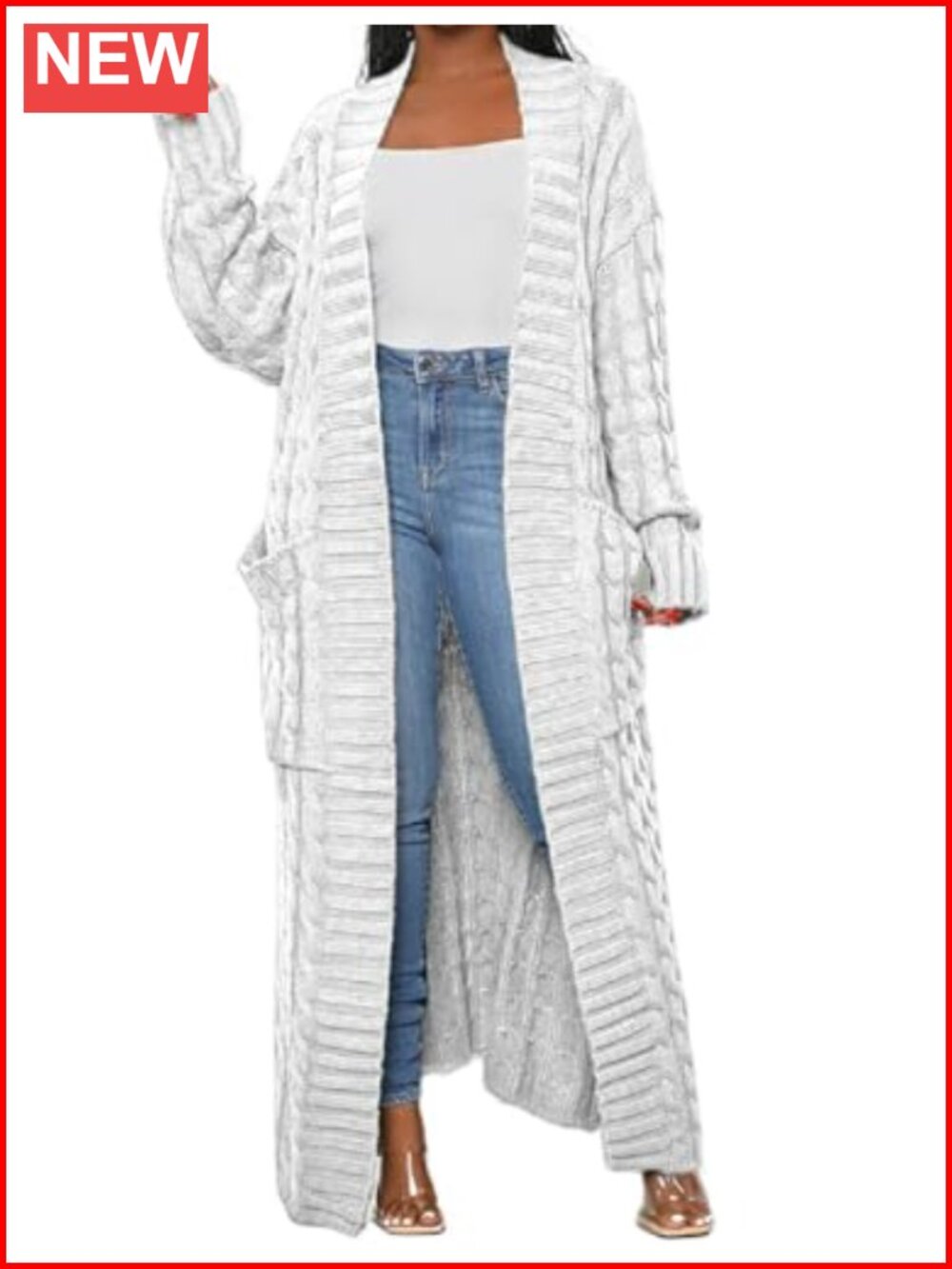 Women's Long Chunky Cable Knit Cardigan with Pockets, Open Front Sweater Coat